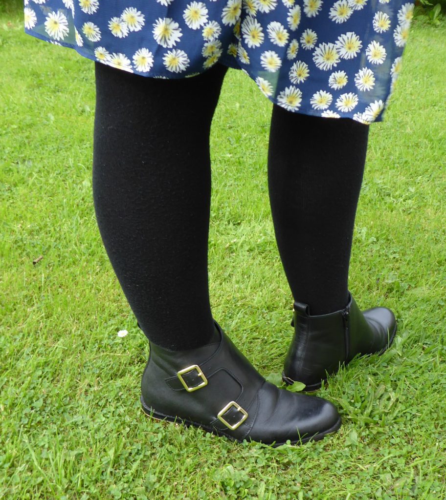JD Williams navy frill print skater dress and Heavenly Soles leather ankle boots