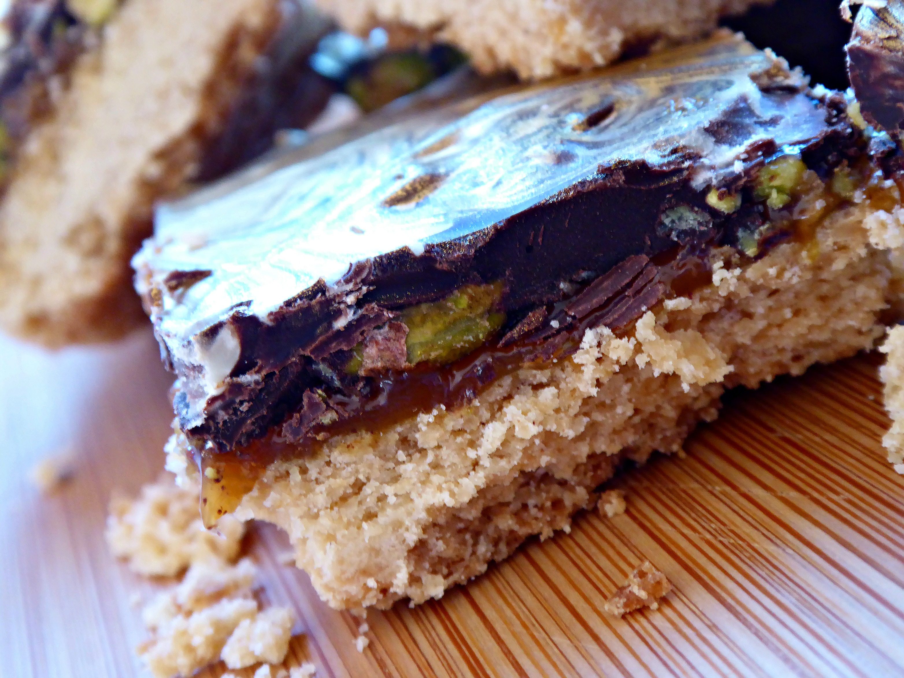 Salted caramel pistachio millionaires shortbread inside