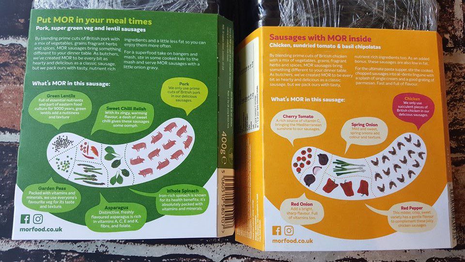 MOR sausages back of packaging