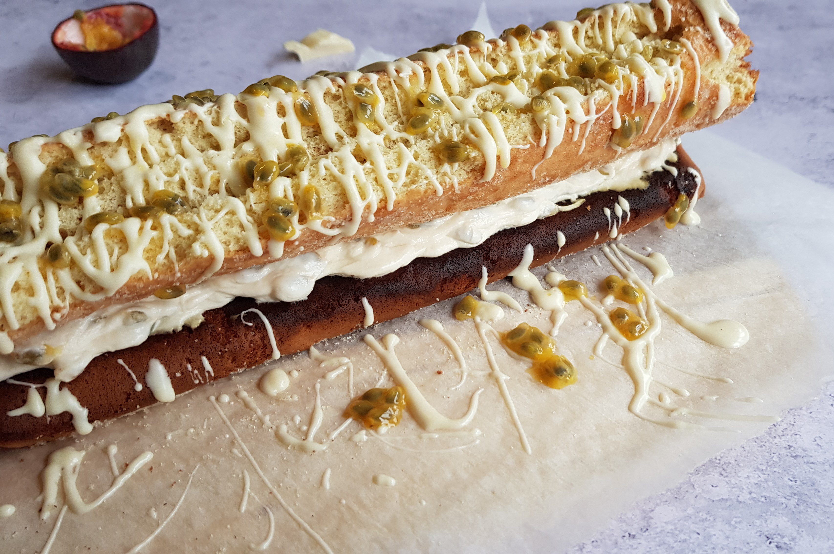 Passionfruit and mascarpone roulade open side