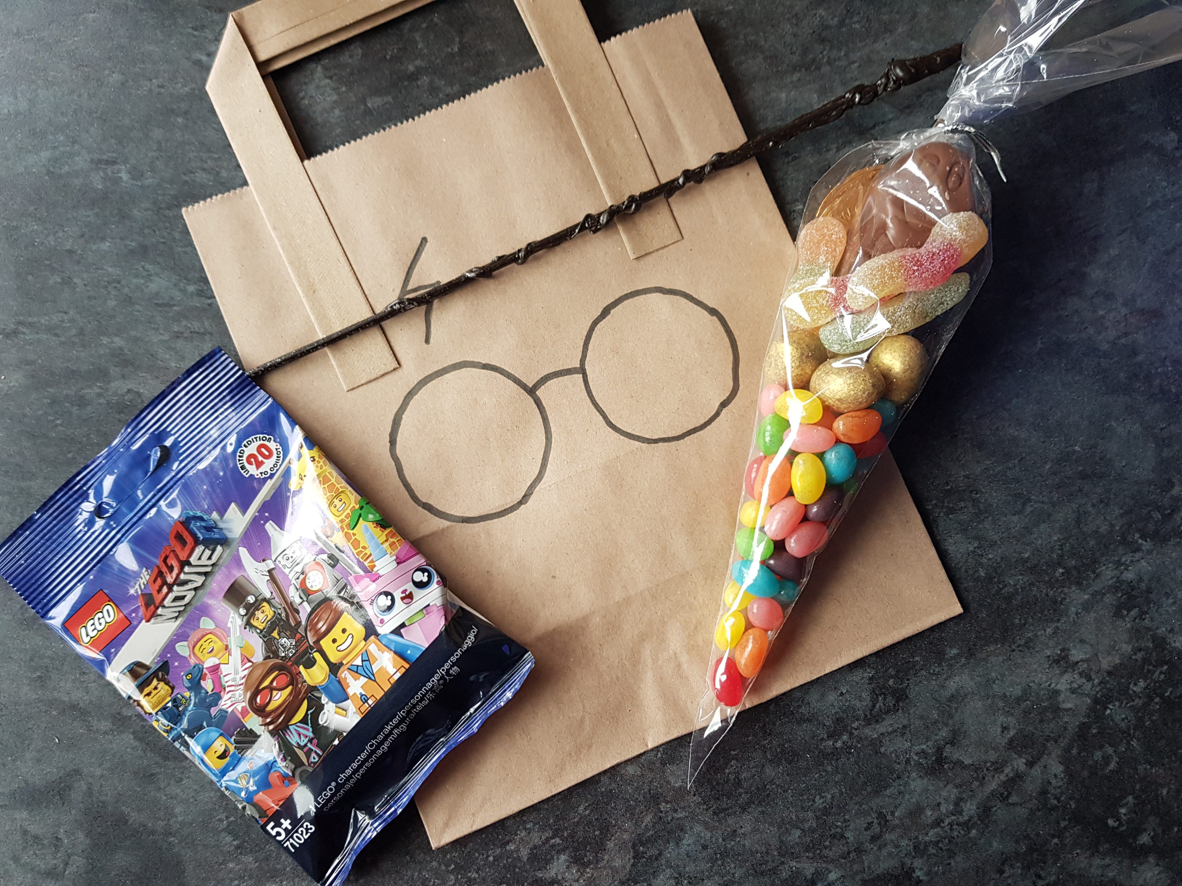 Party bag contents, Lego minifigure, wand, sweet cone
