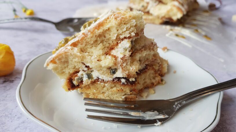 Passionfruit and mascarpone roulade plated