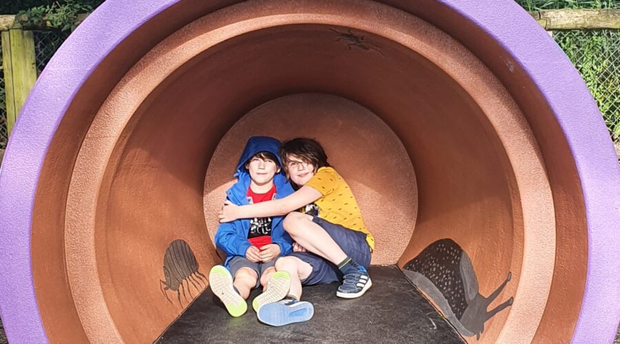 Two boys hugging in what looks like an upturned giant plant pot at Chester Zoo