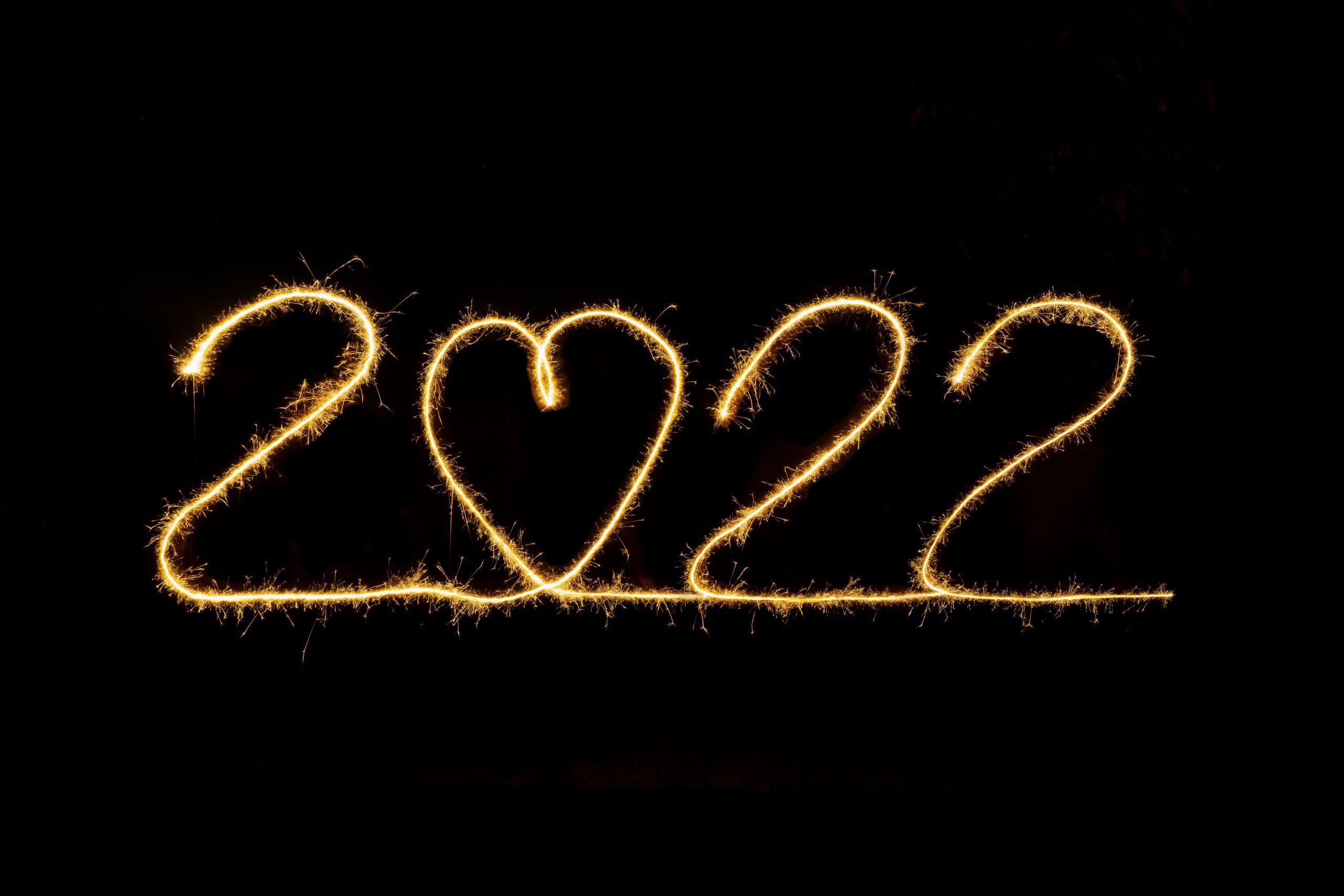 "2022" written in the sky using gold sparklers. with the 0 as a heart; Struggling For A New Year's Resolution
