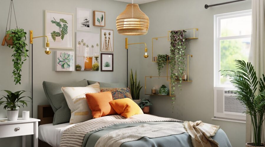 a large bed in a medium sized room with a grey duvet and orange pillows. There are plants in the room and o small window to the right of the bed; 16 Tips On What To Do When Revamping Bedrooms