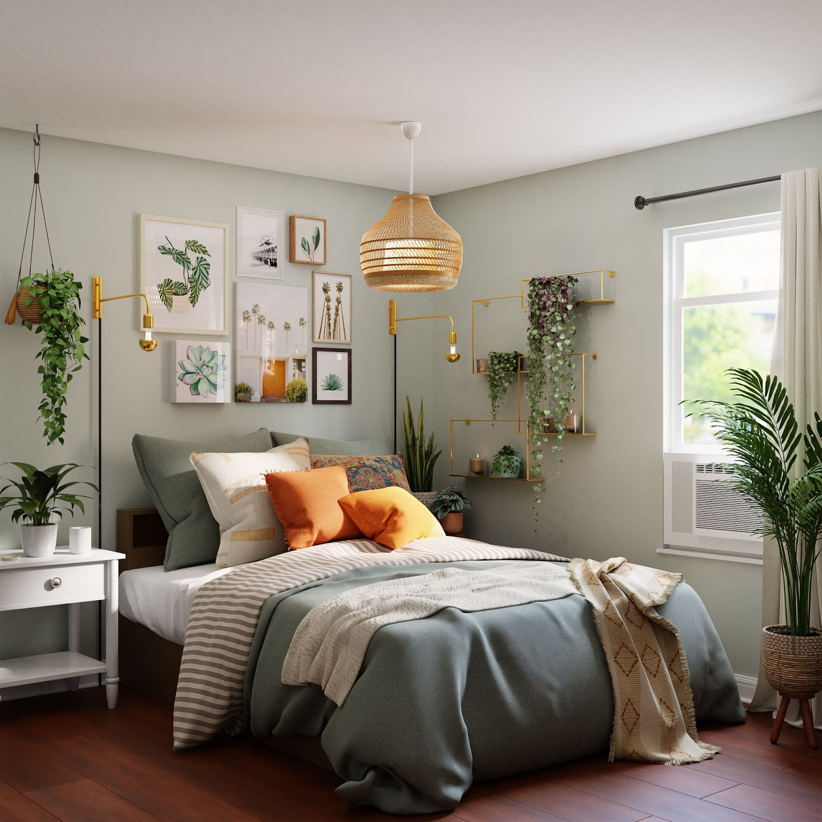 a large bed in a medium sized room with a grey duvet and orange pillows. There are plants in the room and o small window to the right of the bed; 16 Tips On What To Do When Revamping Bedrooms