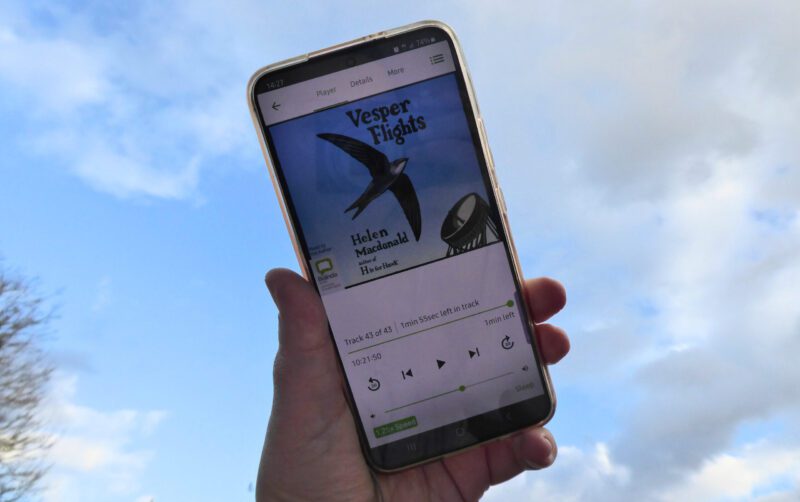 Vesper Flights by Helen McDonald. The image is of a a hand holding a cell phone up to a blue sky, one the phone there is the audiobook.