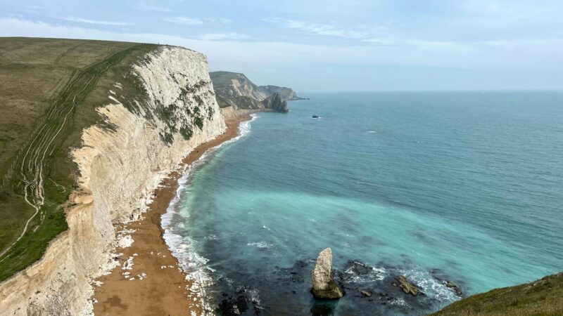 Birds eye view of limestone cliffs at Lulworth in Dorset