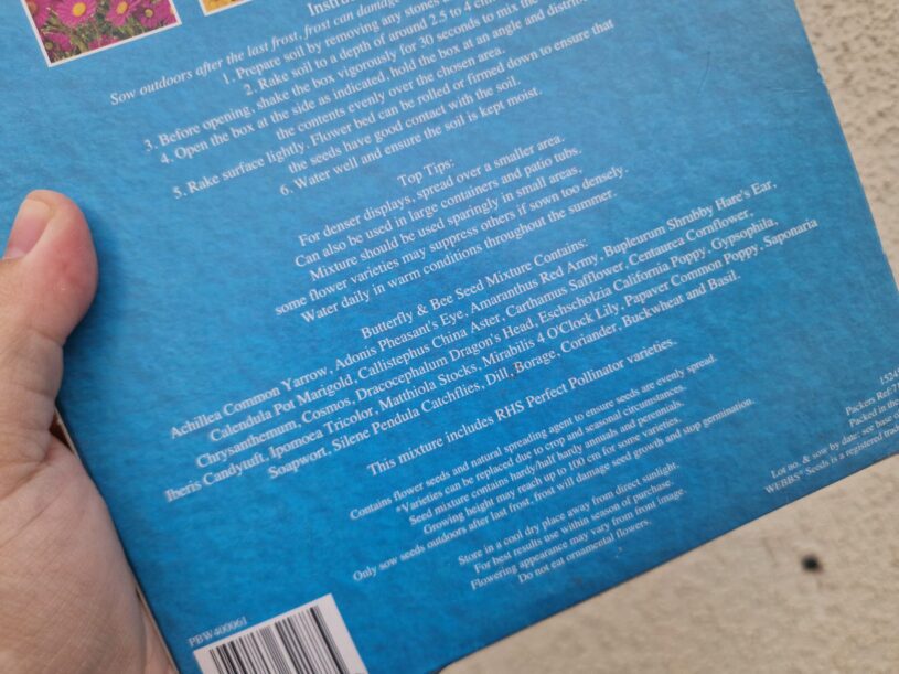 The back of the box of wildflower seed mix with a list of the seeds