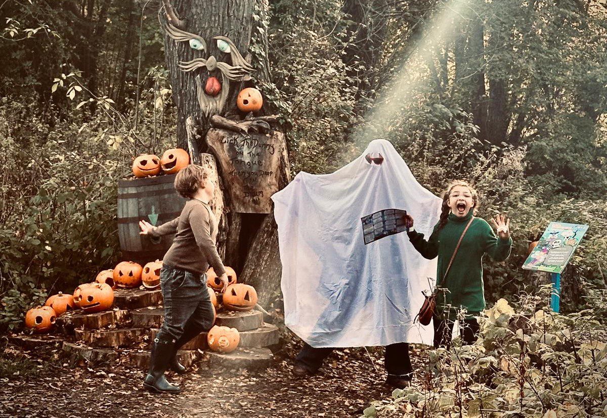 A boy and a girl looking excited standing in front of a spooky scene with a ghost and lots of carved pumpkins