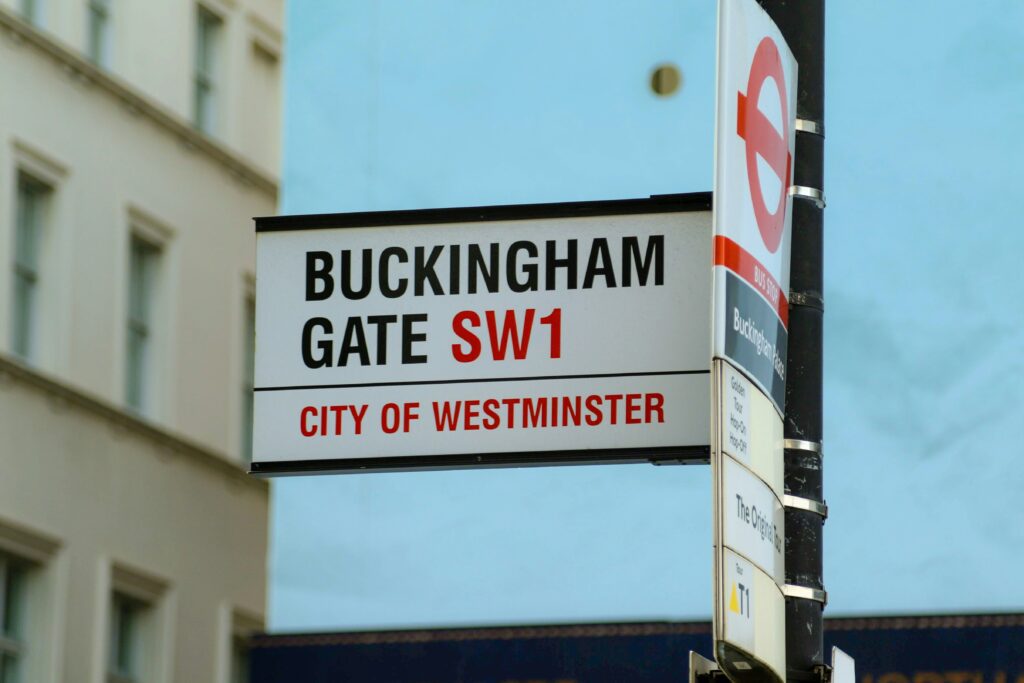 A sign in London saying Buckingham Gate SW1