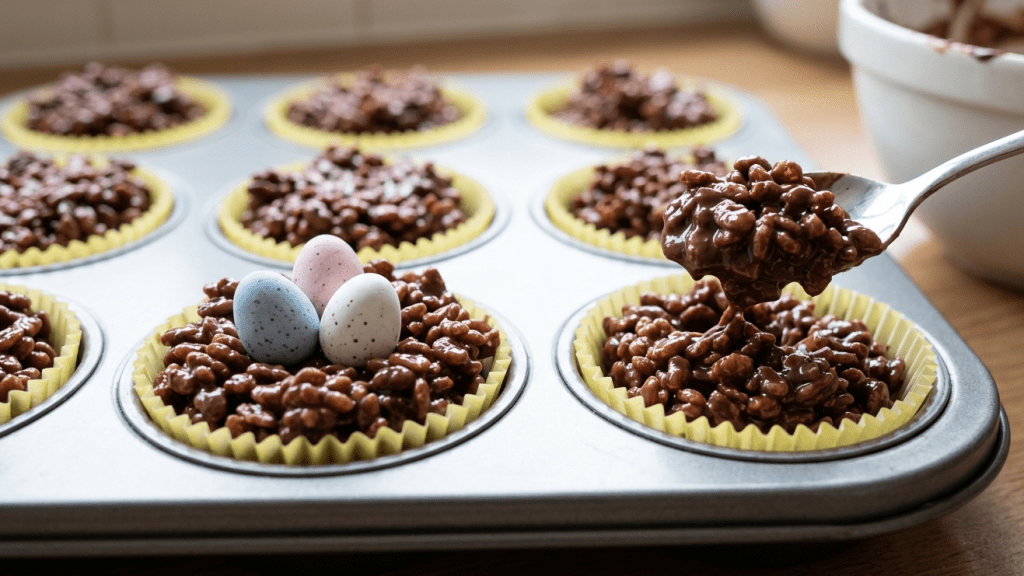Easy chocolate rice krispie nests