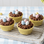 Easy chocolate rice krispie nests display