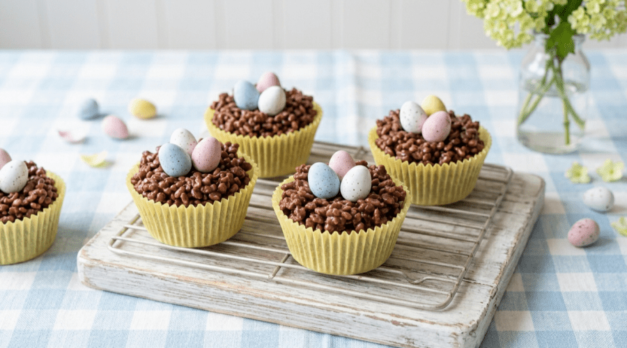 Easy chocolate rice krispie nests display