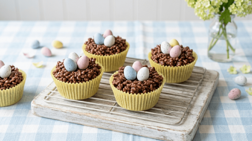 Easy chocolate rice krispie nests display